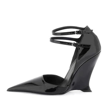 Xajzpa Sexy Red Patent Leather Pointed Toe Wedges High Heels Women Pumps Fashion Double Buckle Strap Ladies Party Dress Shoes